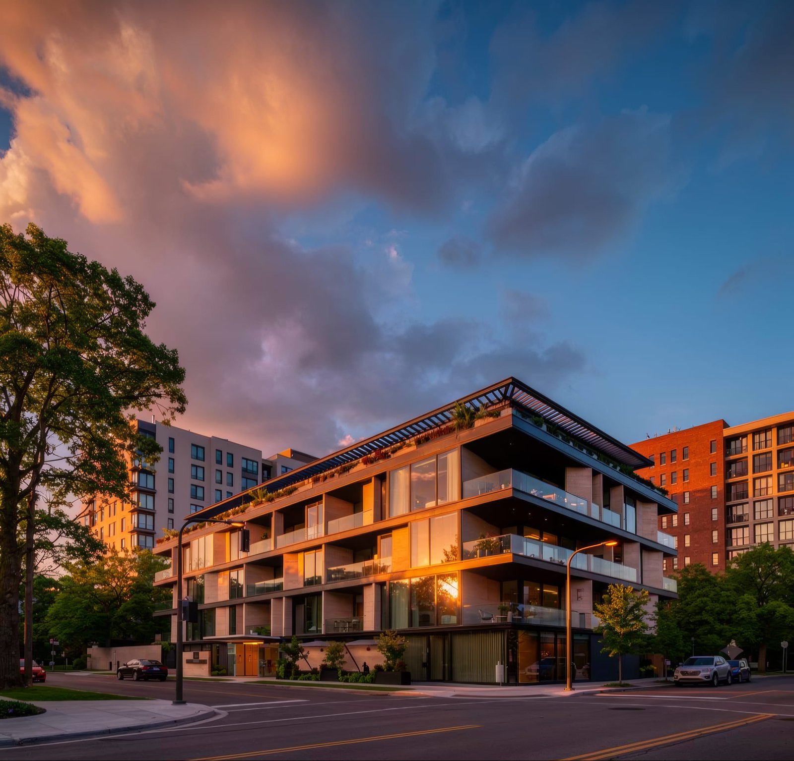 The same corner at golden hour, the sun low behind the building