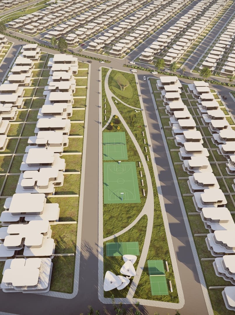 Aerial render of plots either side of the central park