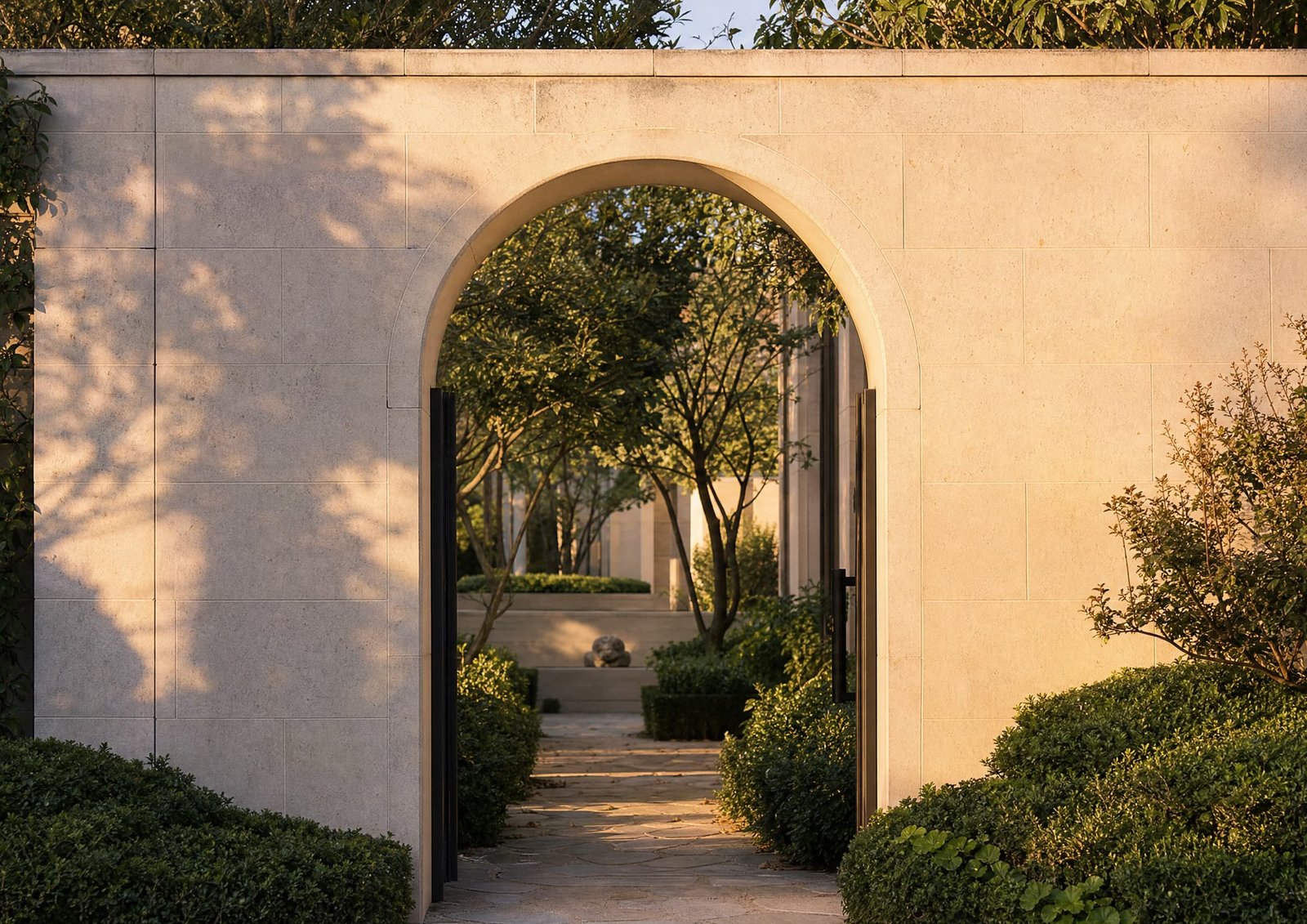An arched opening in a stone garden wall, looking through to a planted courtyard